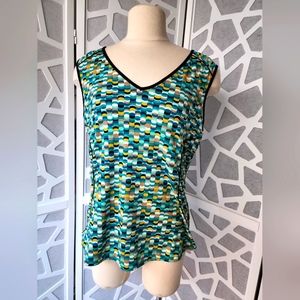 Worthington women's sleeveless blouse Sz. M. Blue, aqua, multicolor pattern.
